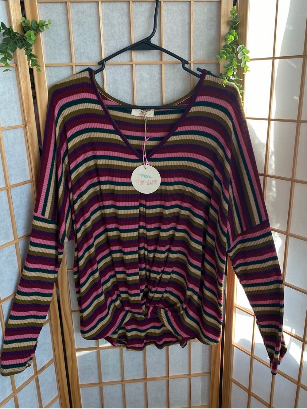 Hummingbird Striped V-Neck Knot Front Pullover - Plum, Olive & Pink